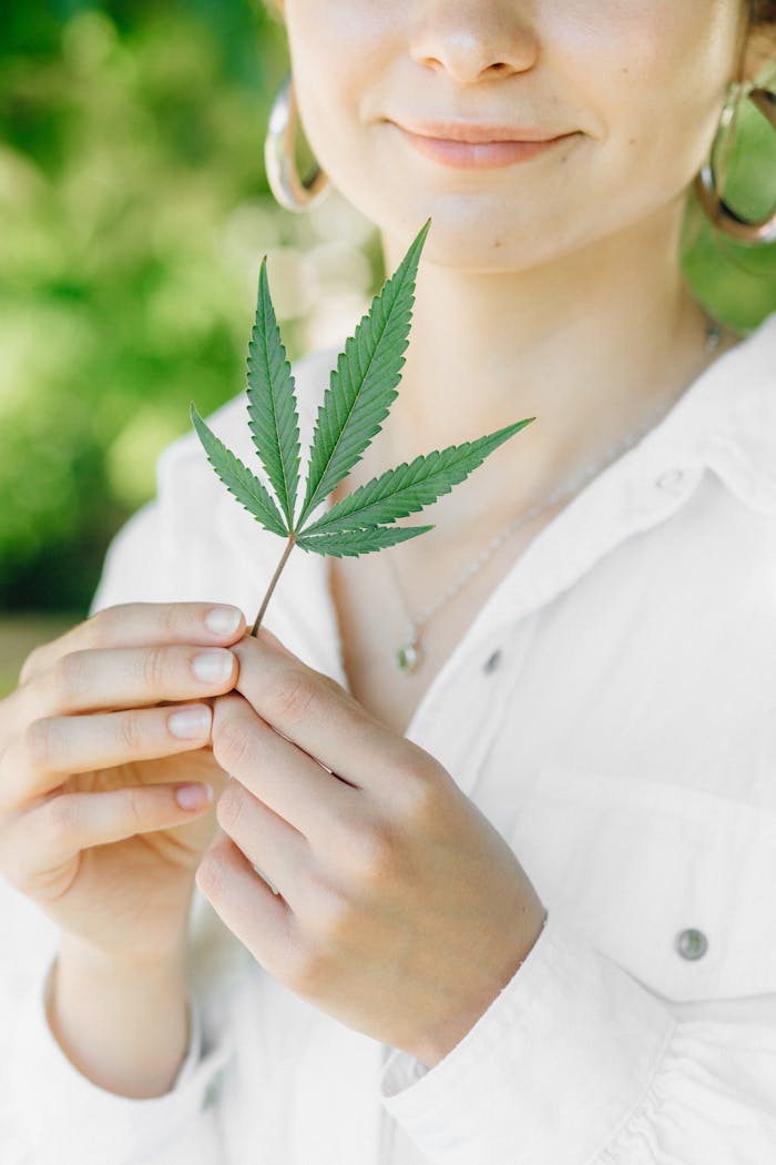 Close-up of a woman holding a green cannabis leaf outdoors, showcasing natural elements.
